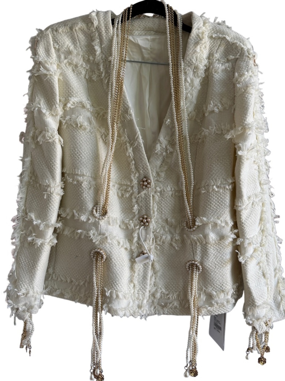 Designer-Style Cream Tweed Fringed Bouclé Jacket with Pearl and Metal ornaments